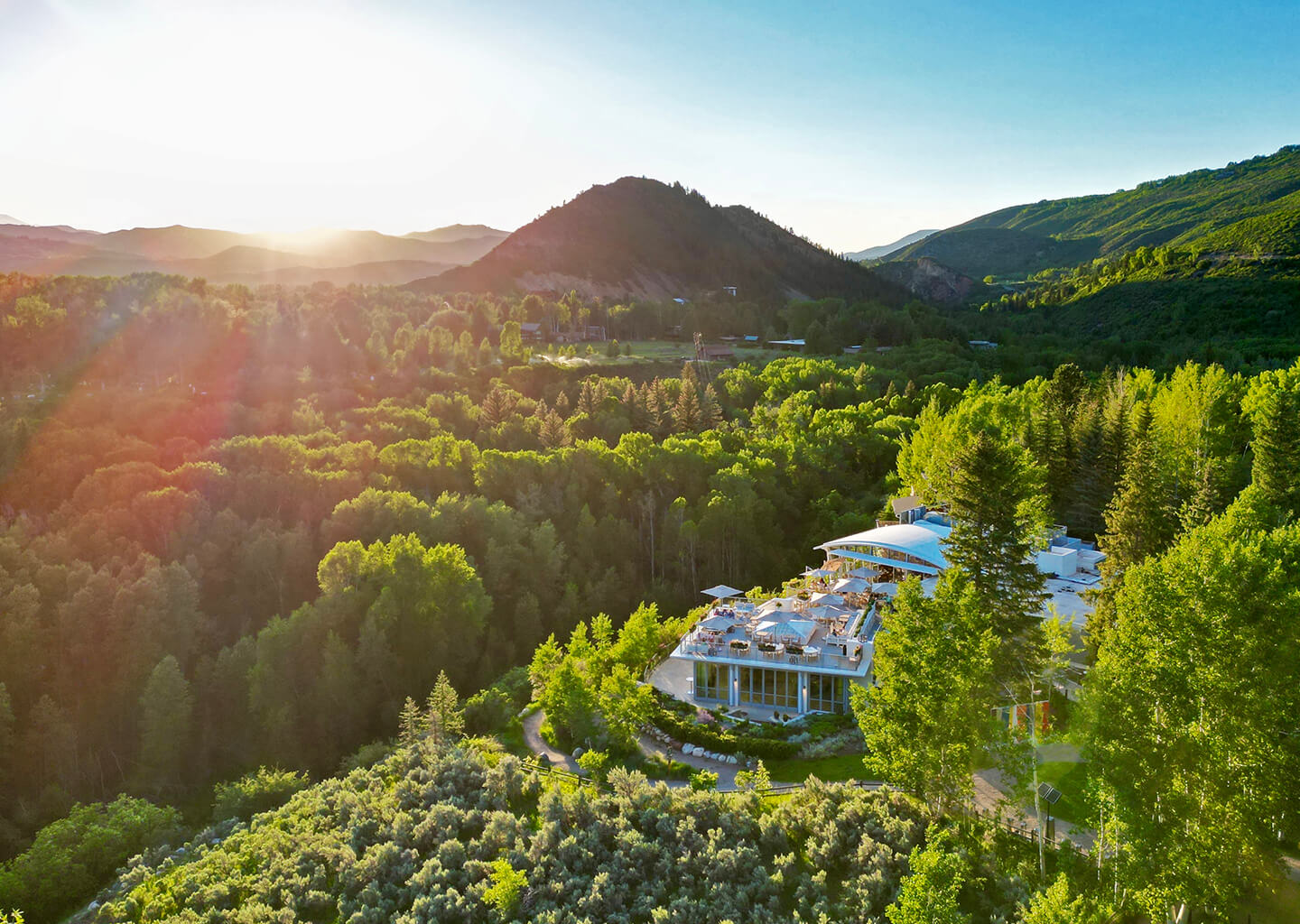 Aerial view of Aspen Meadows in the summer